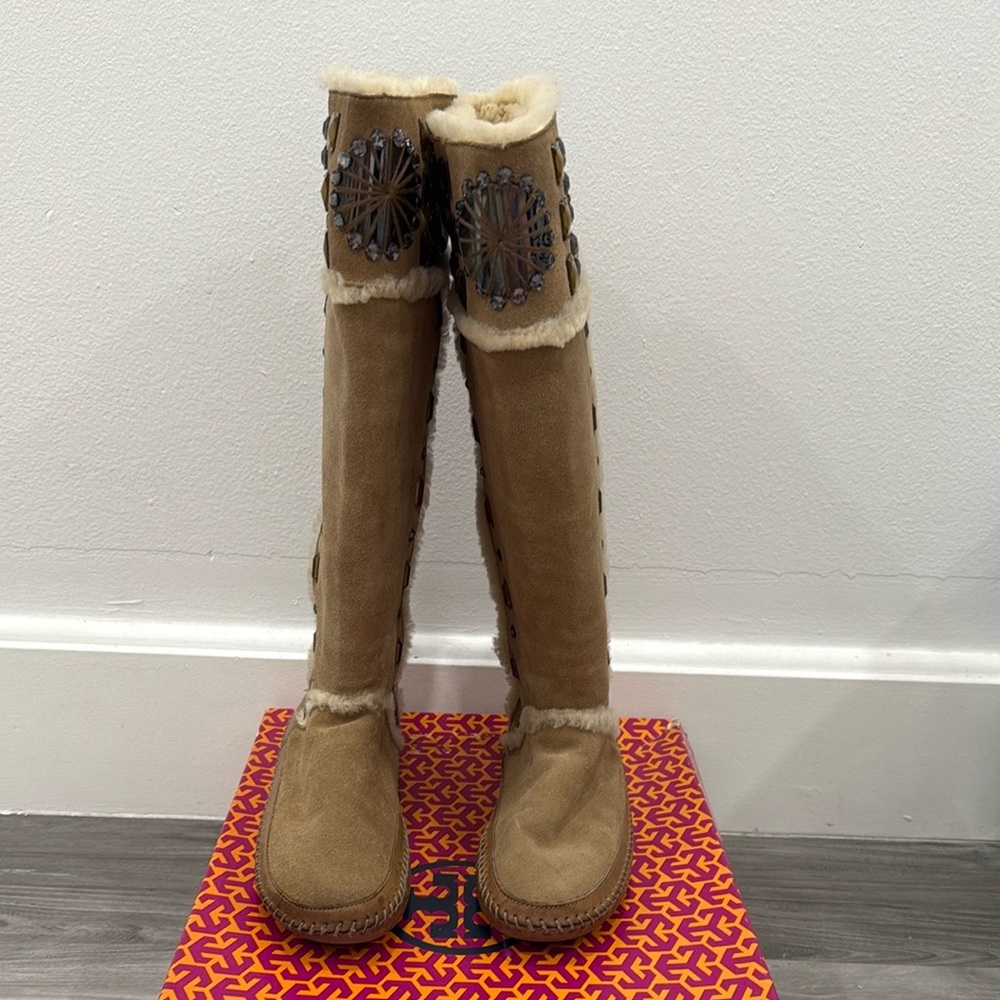 Tory Burch Knee High Shearling Camel Embellished Boot - Picture 2 of 12